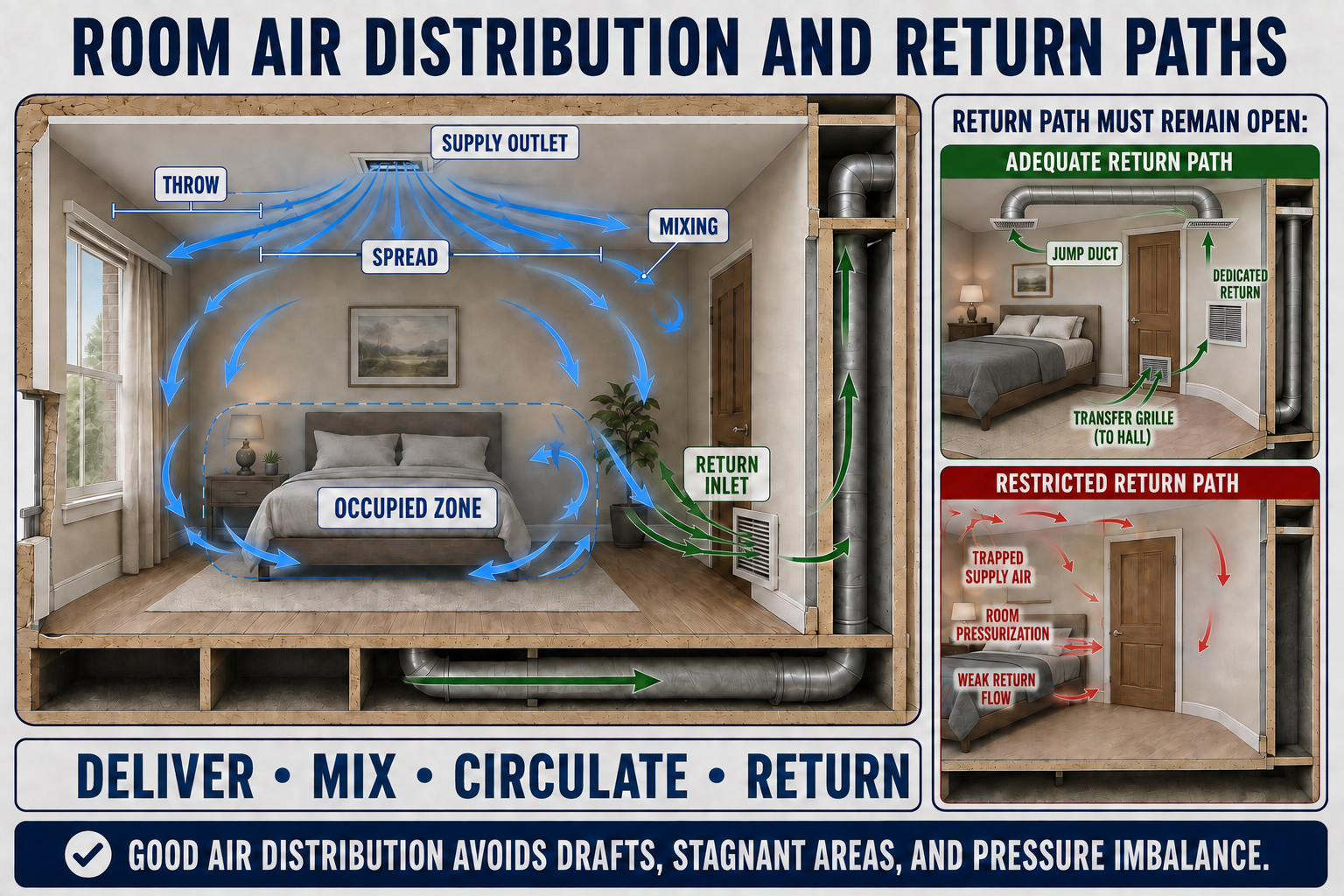 Room air-distribution diagram showing supply throw, spread, mixing, occupied zone, return-air path, and the effects of furniture and poor terminal placement.