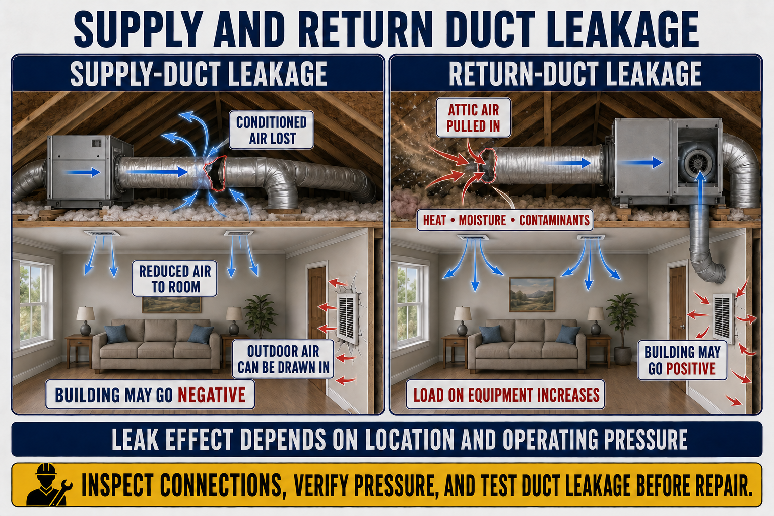 Comparison of positive-pressure supply duct leakage blowing conditioned air outward and negative-pressure return duct leakage drawing surrounding air inward.