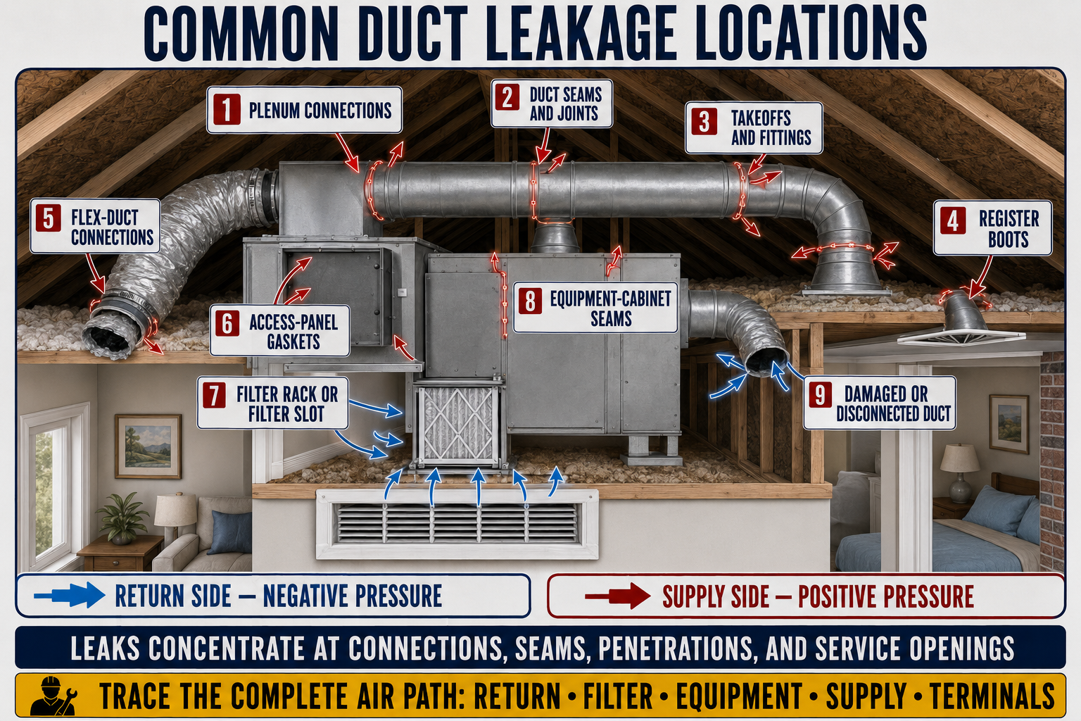 Residential HVAC duct system identifying common leakage locations at equipment cabinets, plenums, seams, takeoffs, elbows, flex collars, boots, filter racks, and access panels.