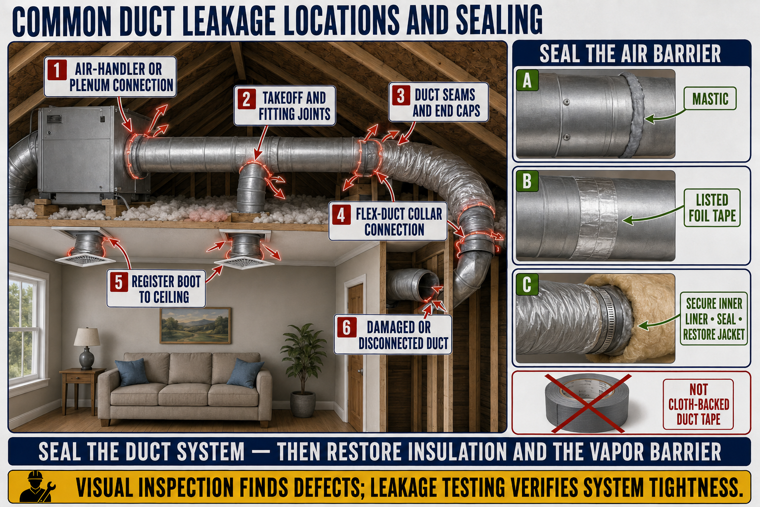 Common HVAC duct joints showing appropriate mechanical fastening and sealing with mastic, reinforcing mesh, listed tape, gaskets, and sealed boot-to-building connections.