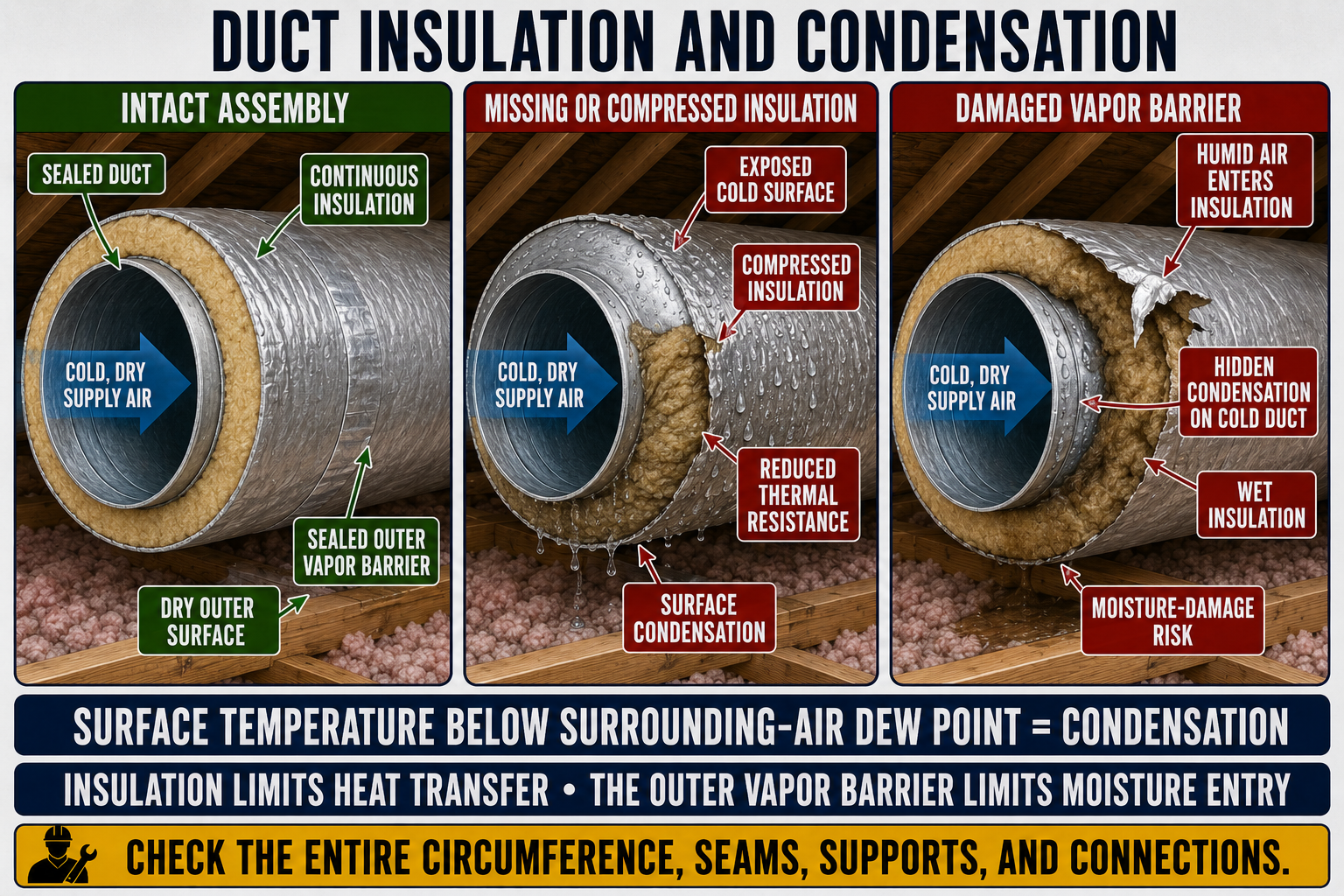 Insulated cooling duct comparing continuous insulation and vapor-retarder coverage with missing, compressed, or damaged insulation that permits condensation.