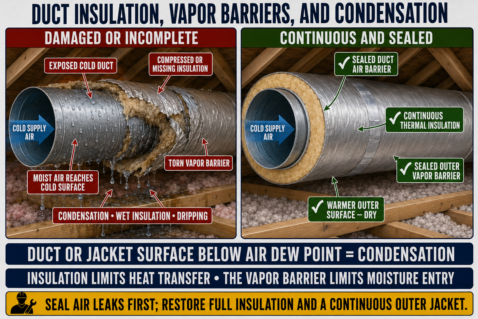 Cross-section of an insulated cooling duct showing the metal air boundary, insulation layer, exterior vapor-retarder jacket, and moisture paths through damaged seams or compressed insulation.