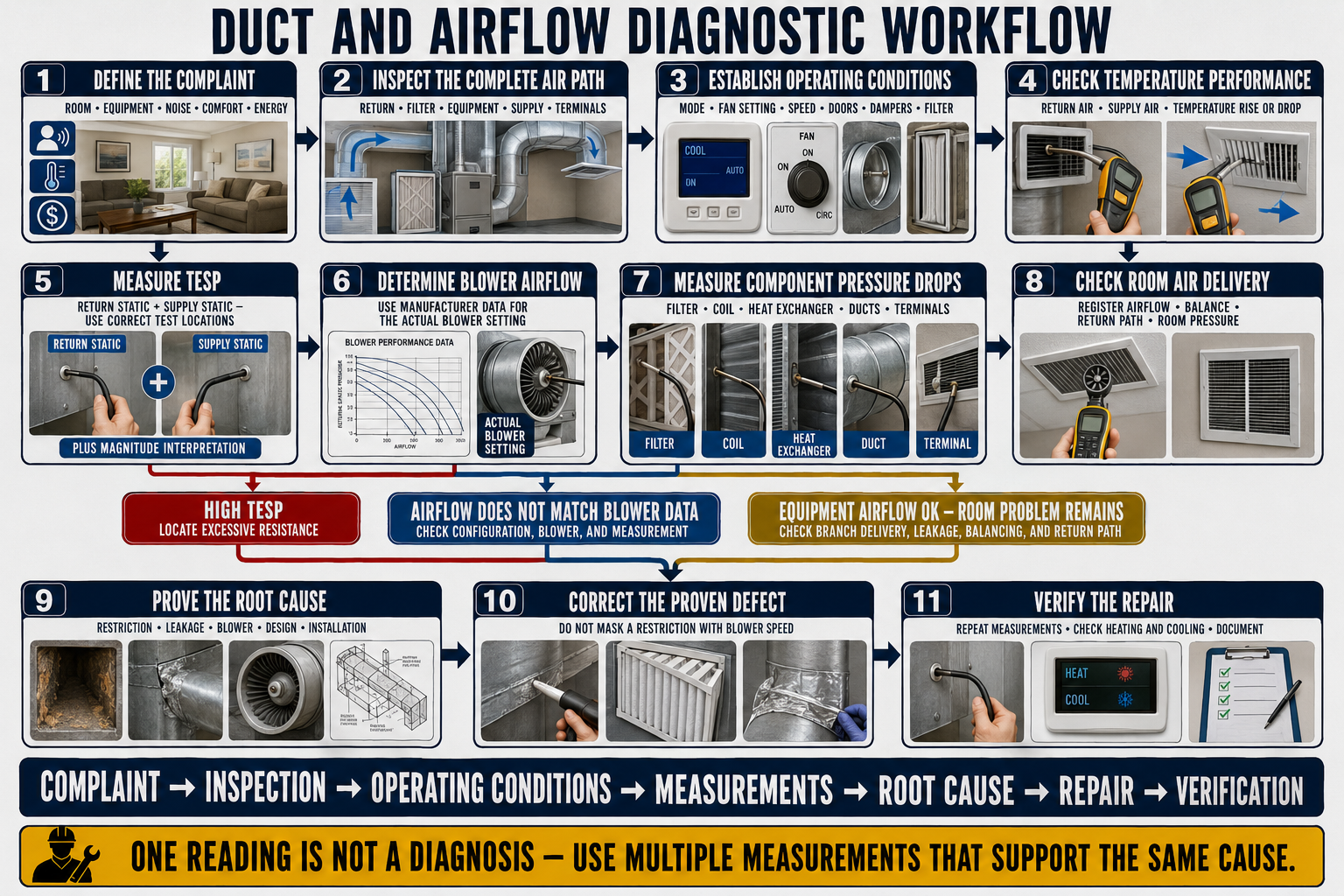 Systematic HVAC duct and airflow diagnostic workflow progressing from complaint definition and operating setup through inspection, static pressure, blower airflow, component testing, branch and room measurements, repair, and final verification.