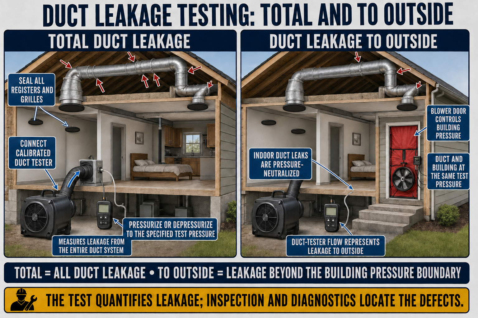 Comparison of total duct leakage testing with a duct tester and duct leakage-to-outside testing using both a duct tester and building pressure measurement.