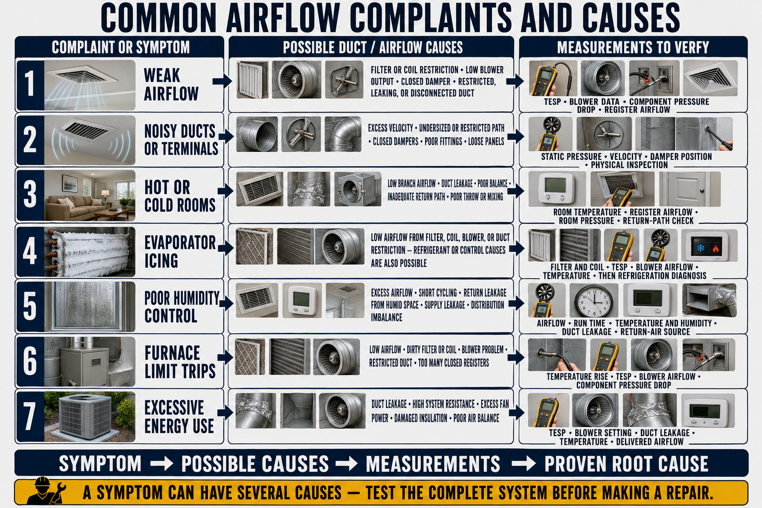 Common HVAC airflow complaints mapped to possible causes including low whole-system airflow, weak branch airflow, closed-room pressure, excessive noise, uneven temperatures, humidity, and condensation.