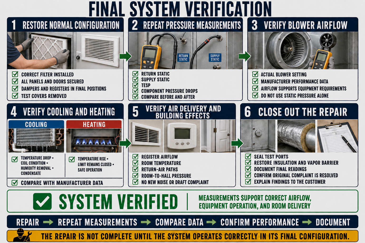 HVAC final system verification checklist showing equipment configuration, filter and panels, TESP, blower airflow, component pressure drops, supply and return airflow, temperatures, room pressure, sound, safety, and documentation.