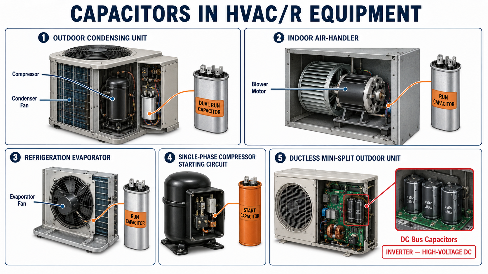 Overview of HVAC/R capacitor applications including run capacitors, dual run capacitors, start capacitors, start-assist components, and inverter DC bus capacitors