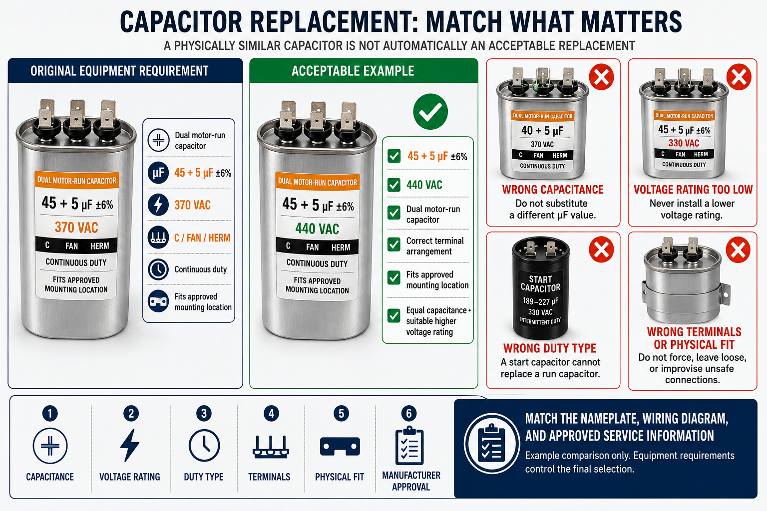 HVAC/R capacitor replacement checklist comparing capacitance, voltage rating, capacitor type, duty, terminal arrangement, physical size, mounting, and manufacturer specifications