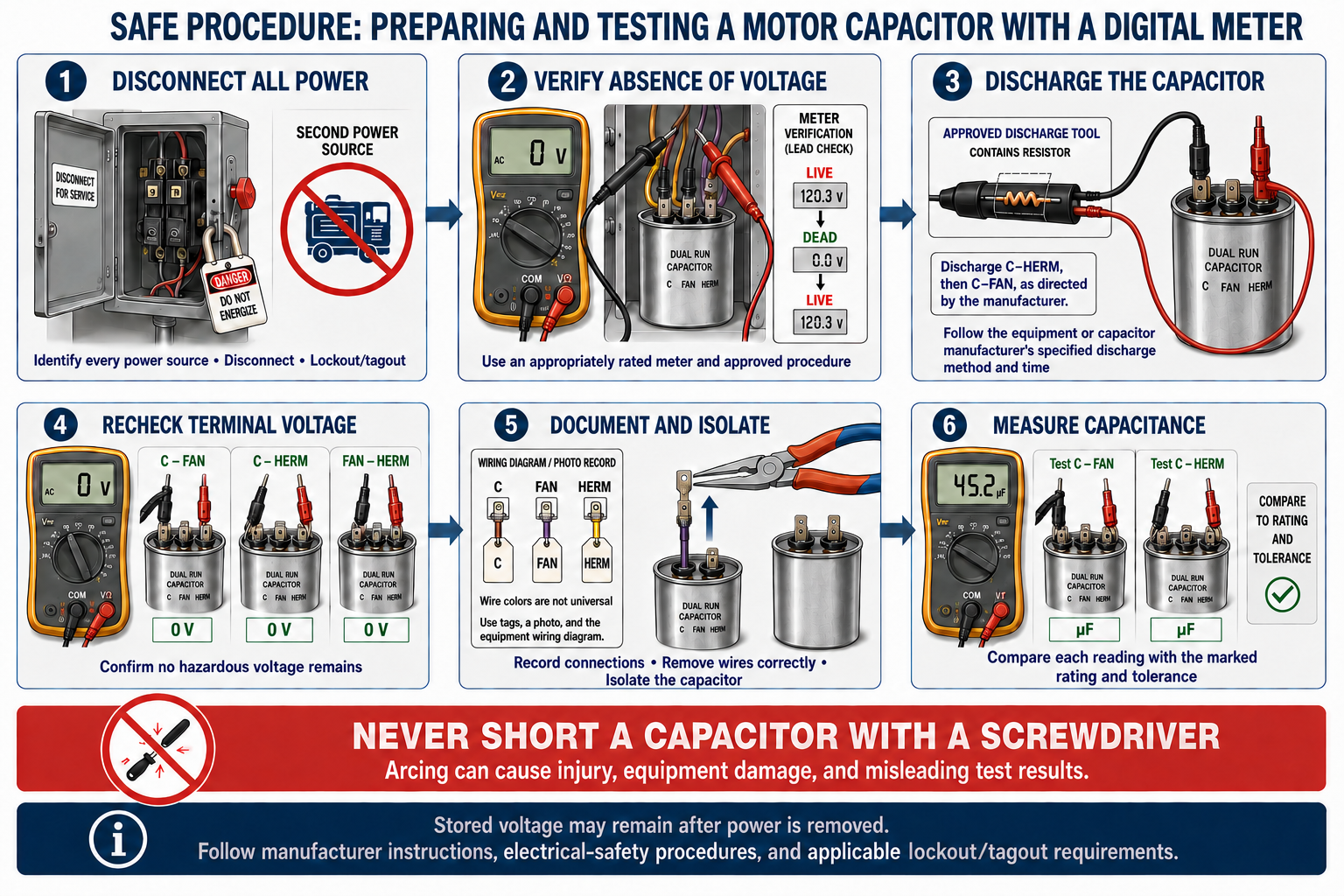 Safe HVAC/R capacitor testing sequence showing power disconnection, lockout and tagout, voltage verification, resistive discharge, isolation from the circuit, capacitance measurement, and comparison with the rating and tolerance