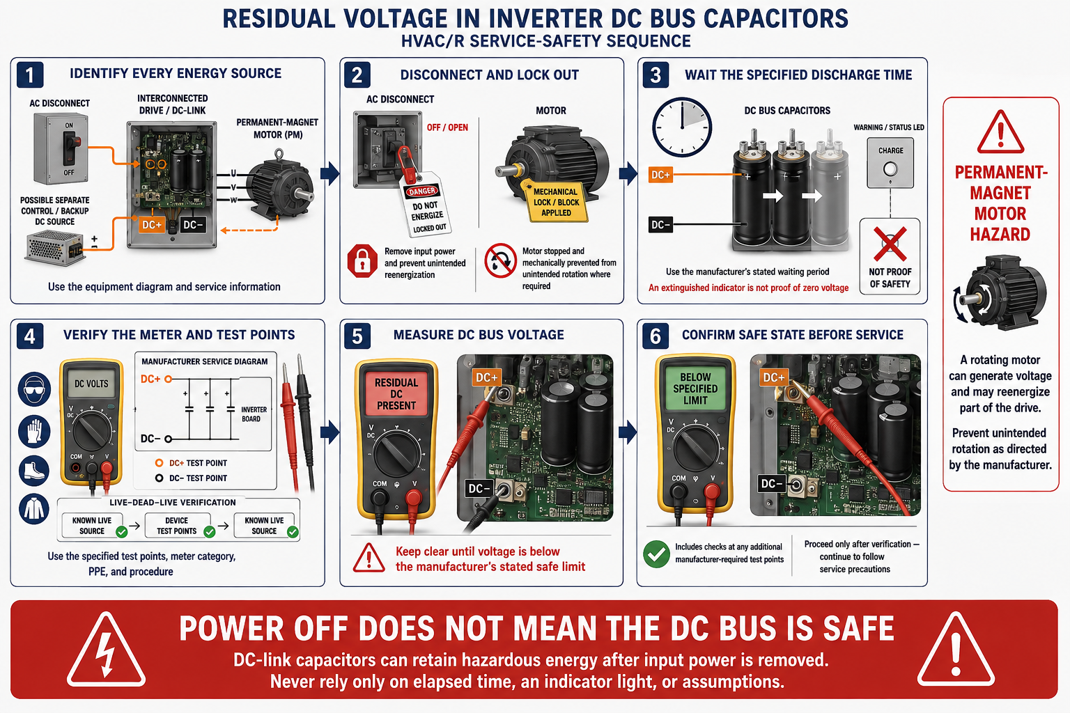 DC bus capacitor residual-voltage safety sequence showing power isolation, manufacturer-specified waiting time, correct DC voltage test points, voltage verification, and restricted access to qualified personnel