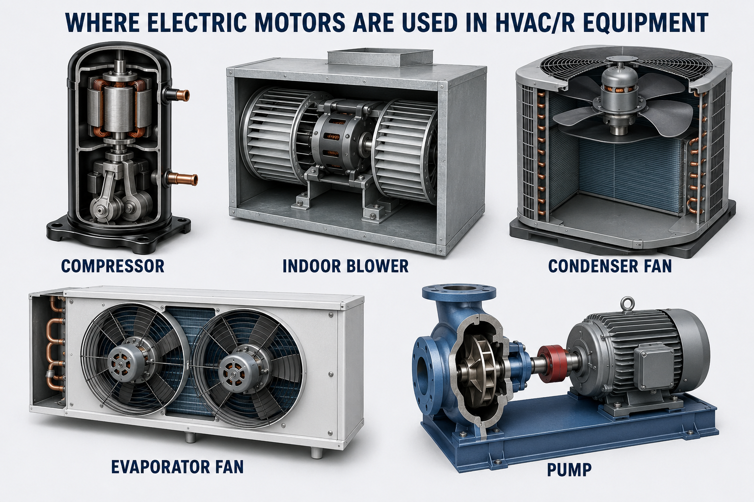 Overview of electric motor applications in HVAC and refrigeration equipment including compressors, blowers, fans, pumps, and cooling equipment