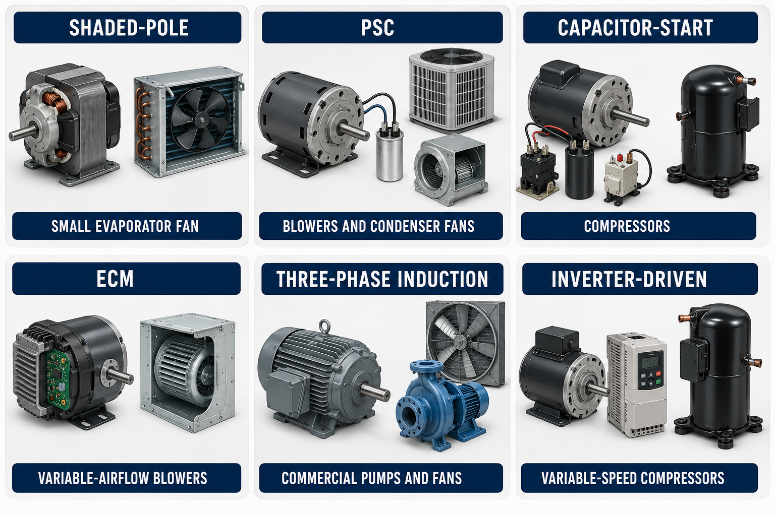Comparison of shaded-pole, PSC, capacitor-start, ECM, three-phase induction, and inverter-driven motors with typical HVAC/R applications