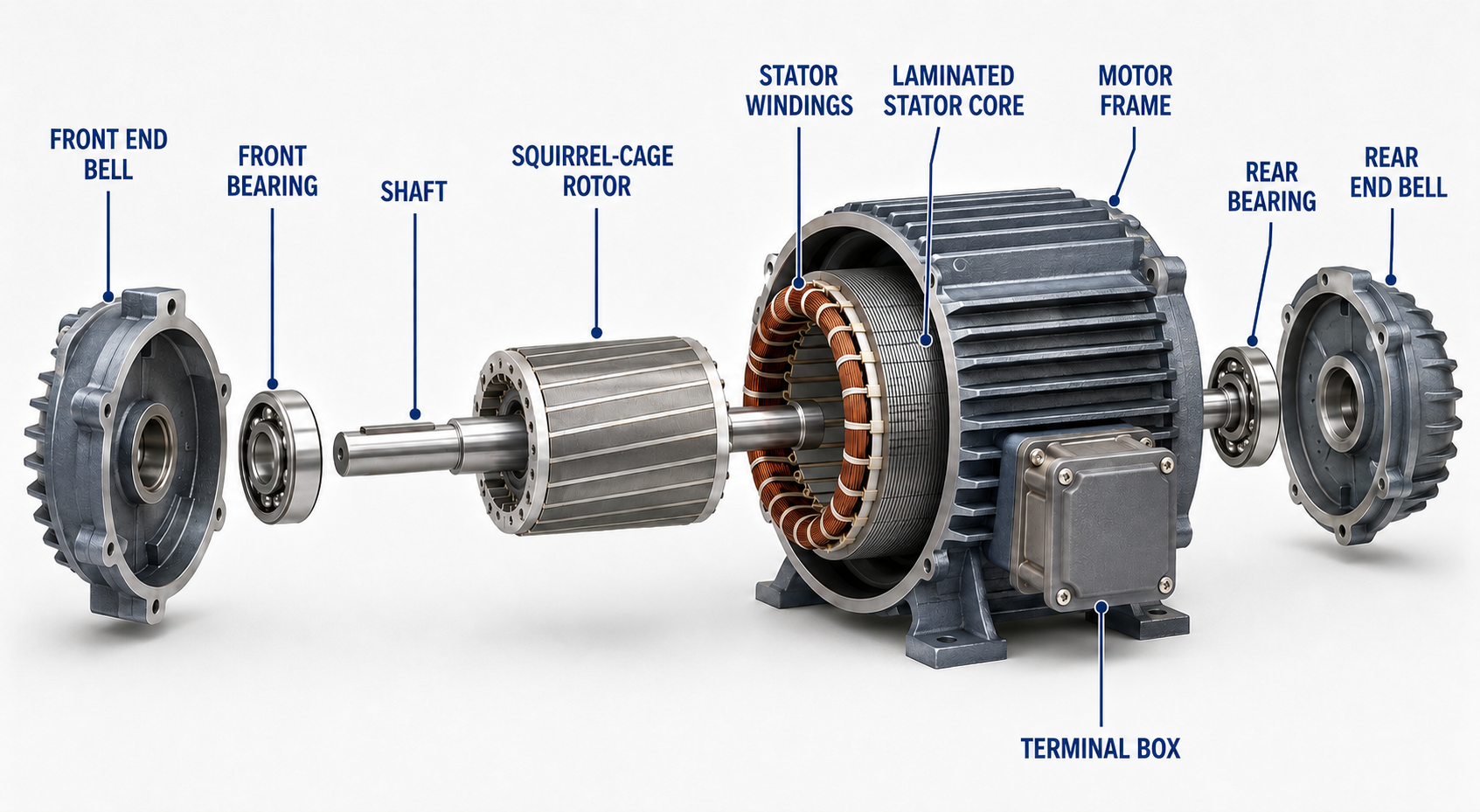 Cutaway view identifying the stator, stator windings, laminated core, rotor, shaft, bearings, frame, end bells, and air gap of an induction motor