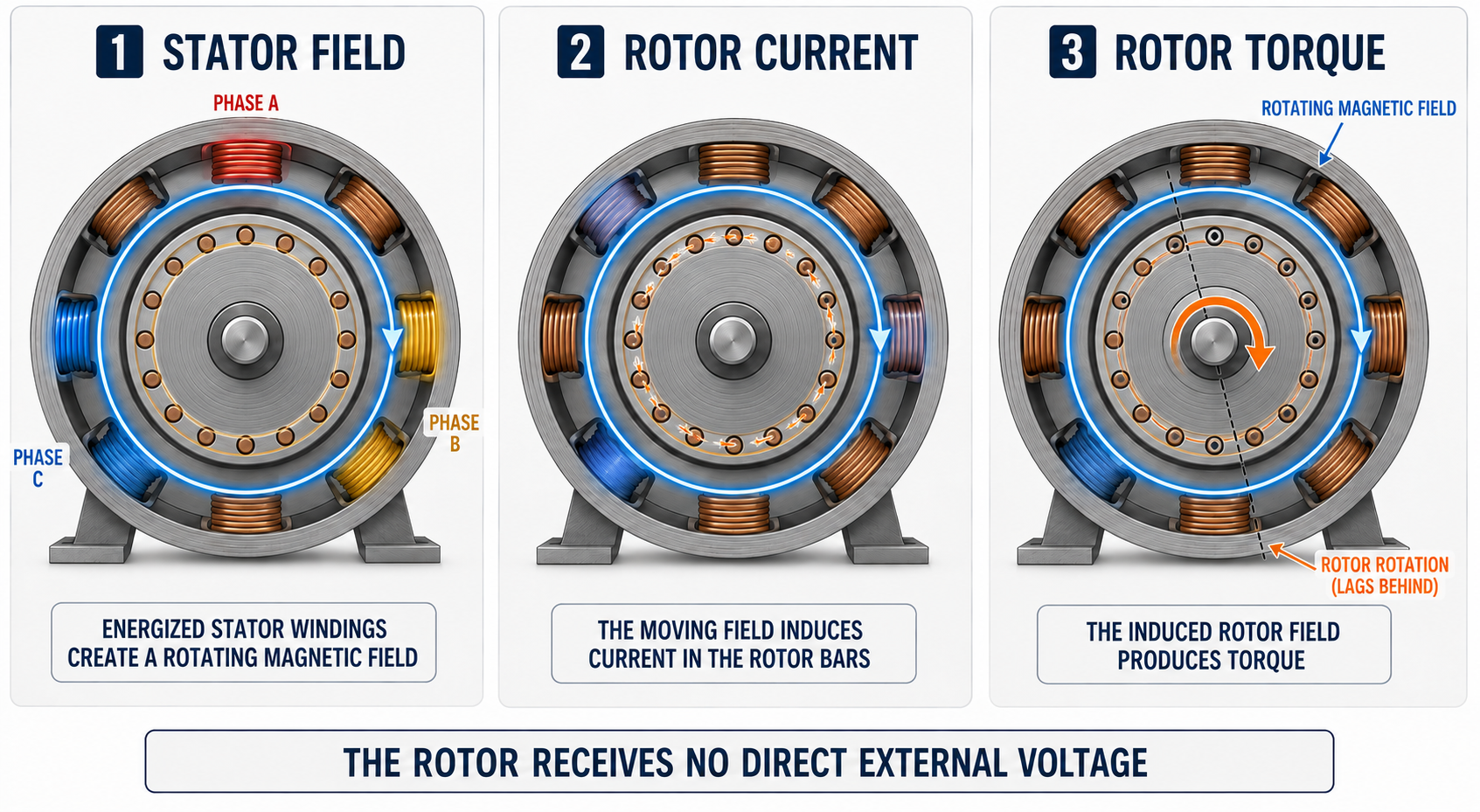 Sequence showing stator current creating a rotating magnetic field, the field inducing current in a squirrel-cage rotor, and interacting fields producing rotor torque