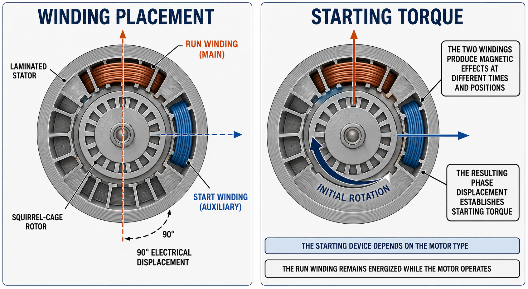 Single-phase induction motor showing a main or run winding, an auxiliary or start winding, squirrel-cage rotor, winding displacement, phase displacement, and resulting starting torque