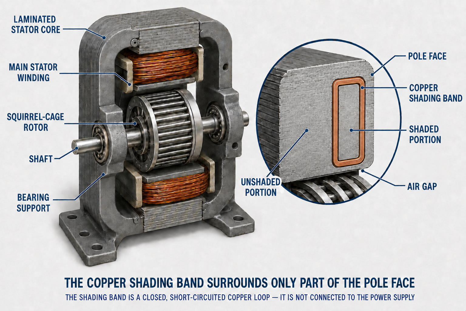 Cutaway shaded-pole motor identifying the laminated stator core, main stator winding, squirrel-cage rotor, shaft, bearing support, pole face, copper shading band, shaded portion, unshaded portion, and air gap