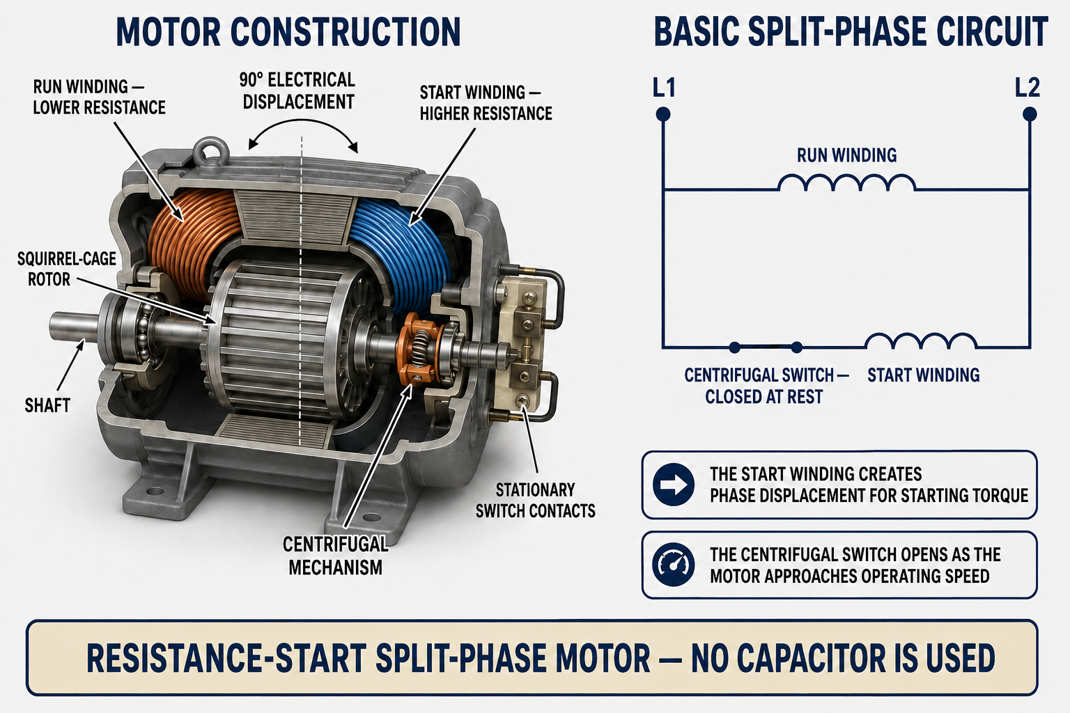 Resistance-start split-phase motor showing the lower-resistance run winding, higher-resistance start winding, squirrel-cage rotor, shaft, centrifugal mechanism, stationary switch contacts, and basic parallel winding circuit