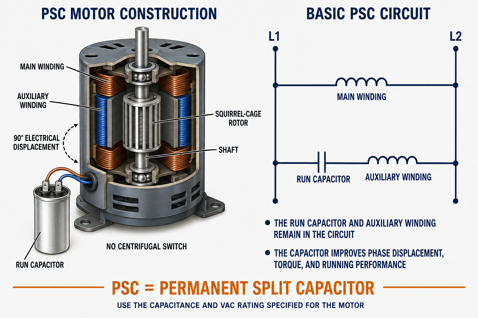 Permanent split capacitor motor showing the main winding, auxiliary winding, squirrel-cage rotor, shaft, run capacitor, electrical displacement, and basic parallel winding circuit with no centrifugal switch
