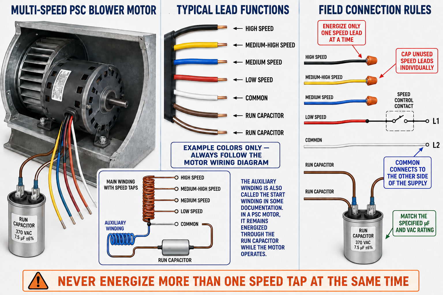 Multi-speed PSC blower motor showing example high, medium-high, medium, low, common, and run-capacitor leads with a warning to energize only one speed tap at a time
