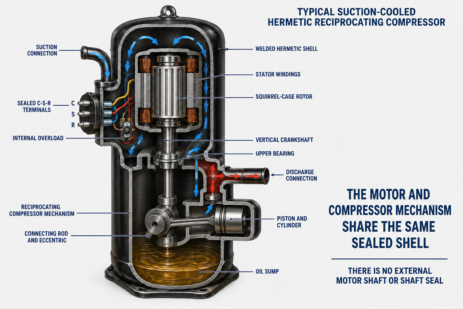 Cutaway suction-cooled hermetic reciprocating compressor showing the welded shell, stator windings, squirrel-cage rotor, crankshaft, bearings, reciprocating mechanism, oil sump, internal overload, sealed terminals, suction connection, and discharge connection