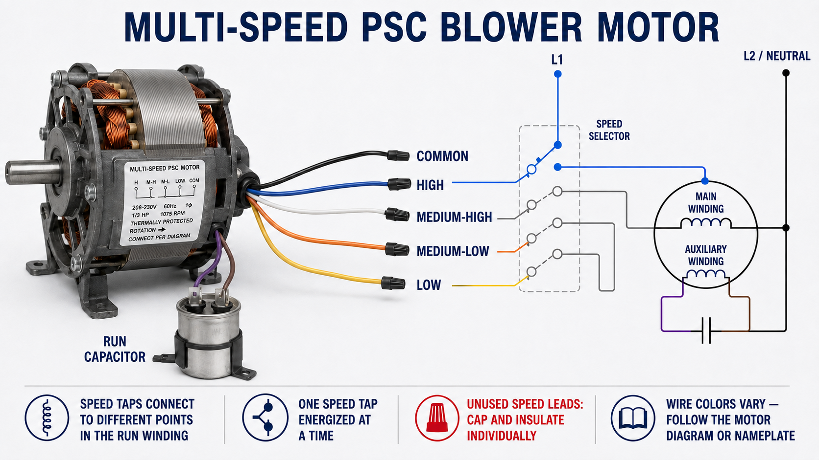 Multi-speed PSC blower motor with common, high, medium-high, medium-low, and low speed leads, a run capacitor, and a selector energizing one speed tap at a time