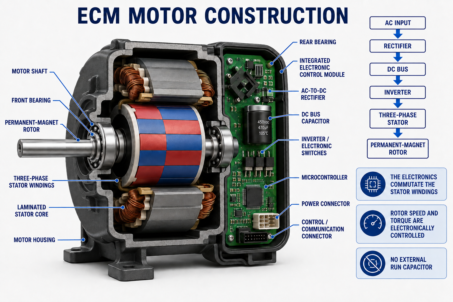 Cutaway ECM showing permanent-magnet rotor, three-phase stator windings, bearings, rectifier, DC bus capacitor, inverter switches, microcontroller, power connector, and control connector