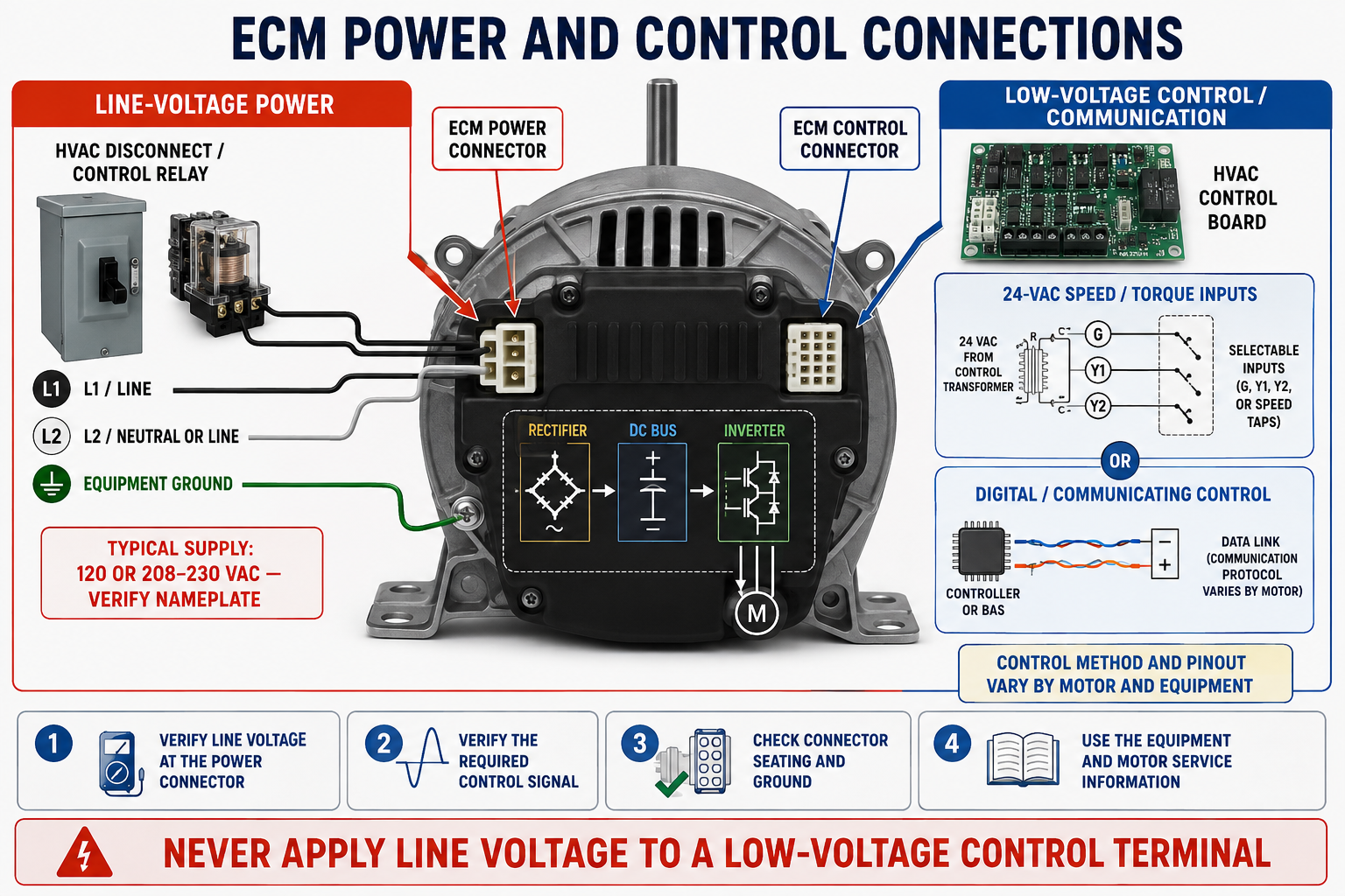 ECM power and control diagram showing a line-voltage power connector, equipment ground, separate low-voltage control connector, selectable 24 VAC inputs, and digital communicating control