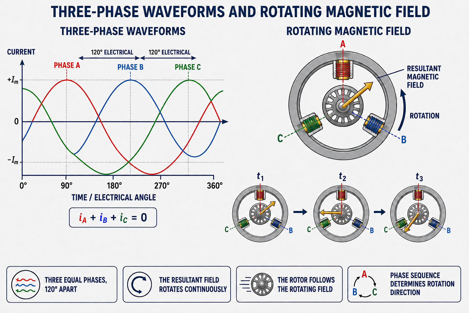 Three-phase current waveforms separated by 120 electrical degrees and three stator windings producing a continuously rotating resultant magnetic field