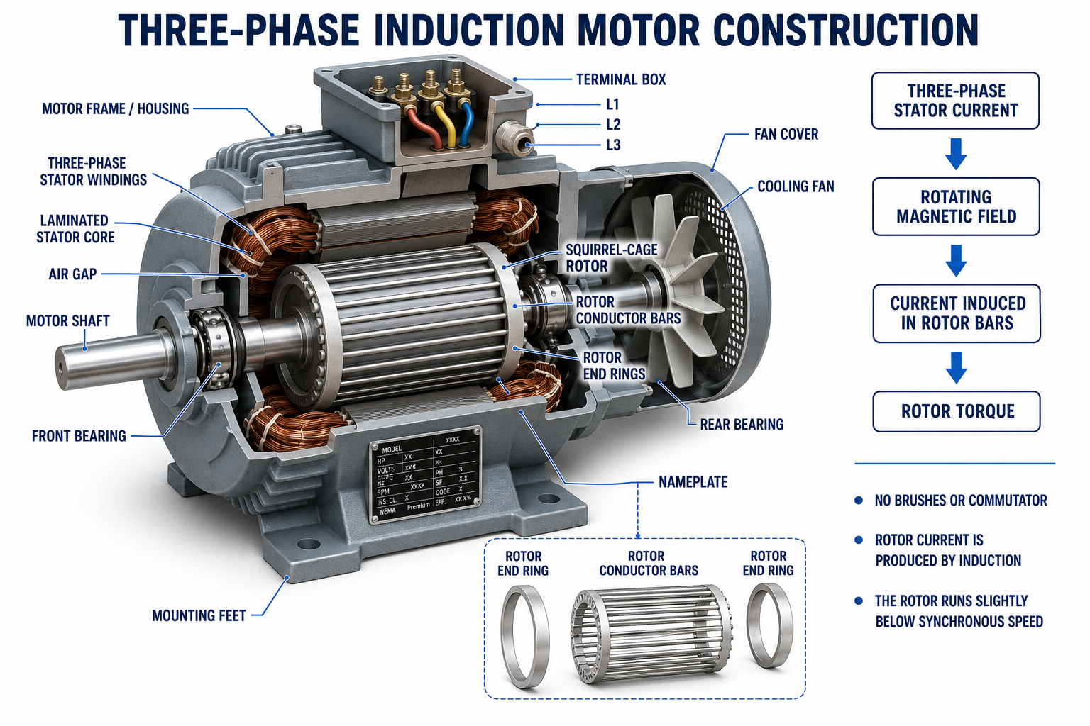 Cutaway three-phase squirrel-cage induction motor showing stator windings, laminated core, air gap, rotor bars, end rings, shaft, bearings, cooling fan, terminal box, frame, mounting feet, and nameplate