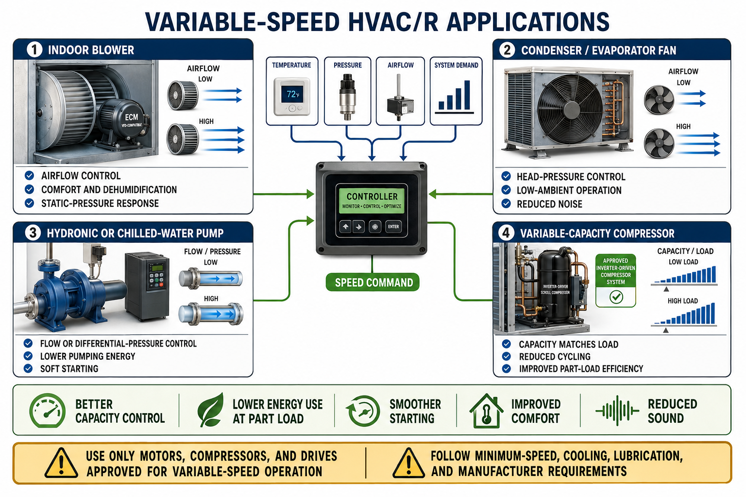 Variable-speed HVACR applications showing an indoor blower, condenser or evaporator fan, hydronic or chilled-water pump, and approved inverter-driven variable-capacity compressor responding to control inputs