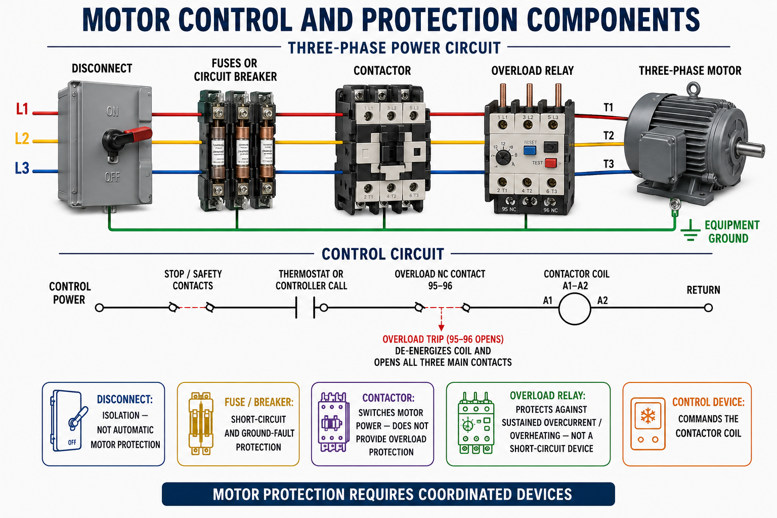 Three-phase motor power circuit showing disconnect, fuses or circuit breaker, contactor, overload relay, motor, equipment ground, and a control circuit with safety contacts, controller call, overload contact, and contactor coil