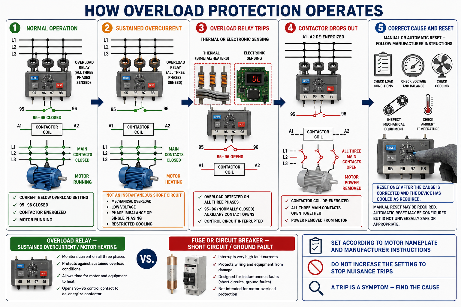 Five-step overload protection sequence showing normal operation, sustained overcurrent, overload relay trip, contactor dropout, and correction of the cause before reset
