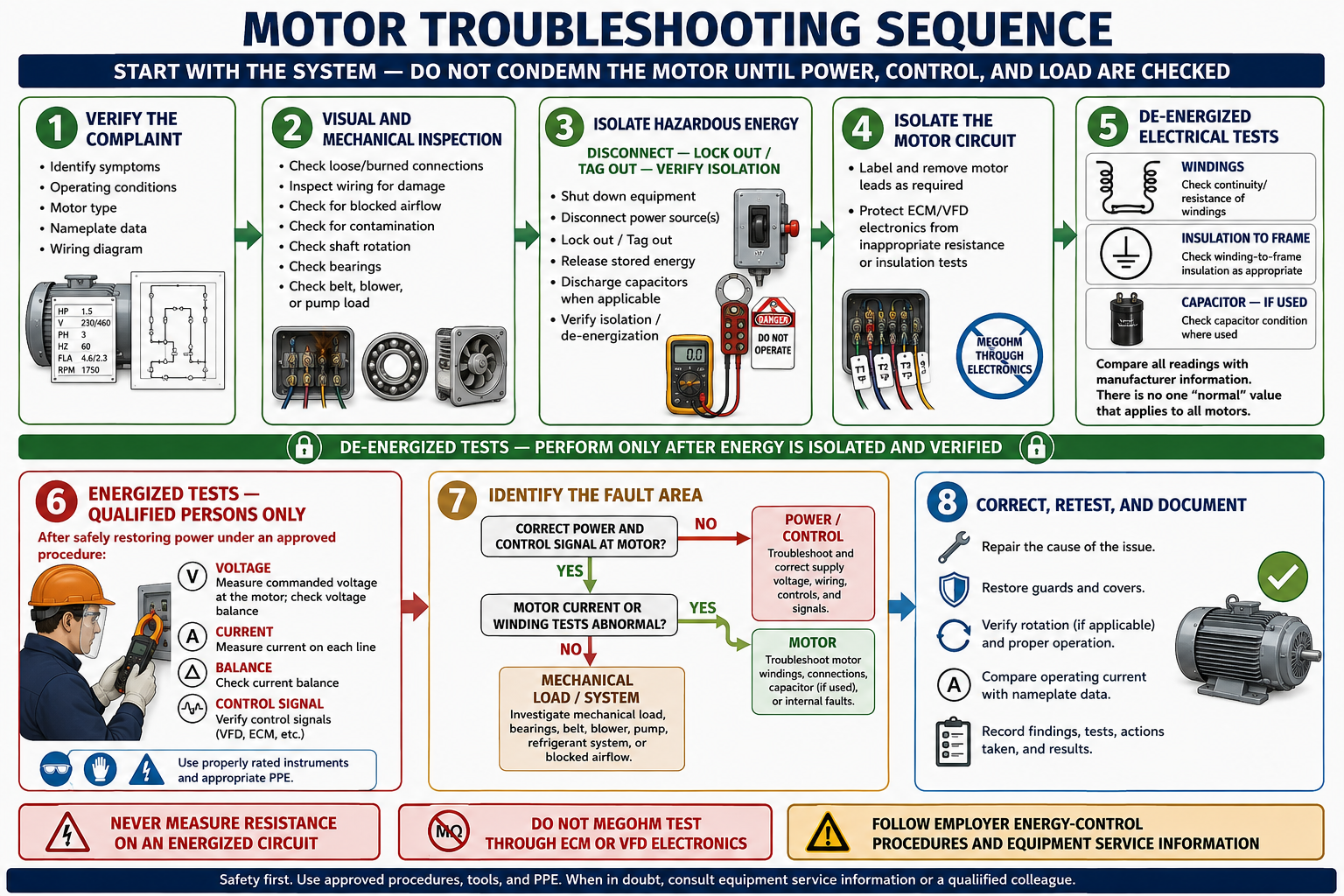 Eight-step motor troubleshooting sequence covering complaint verification, inspection, hazardous-energy isolation, motor-circuit isolation, de-energized tests, qualified energized tests, fault-area identification, correction, retest, and documentation
