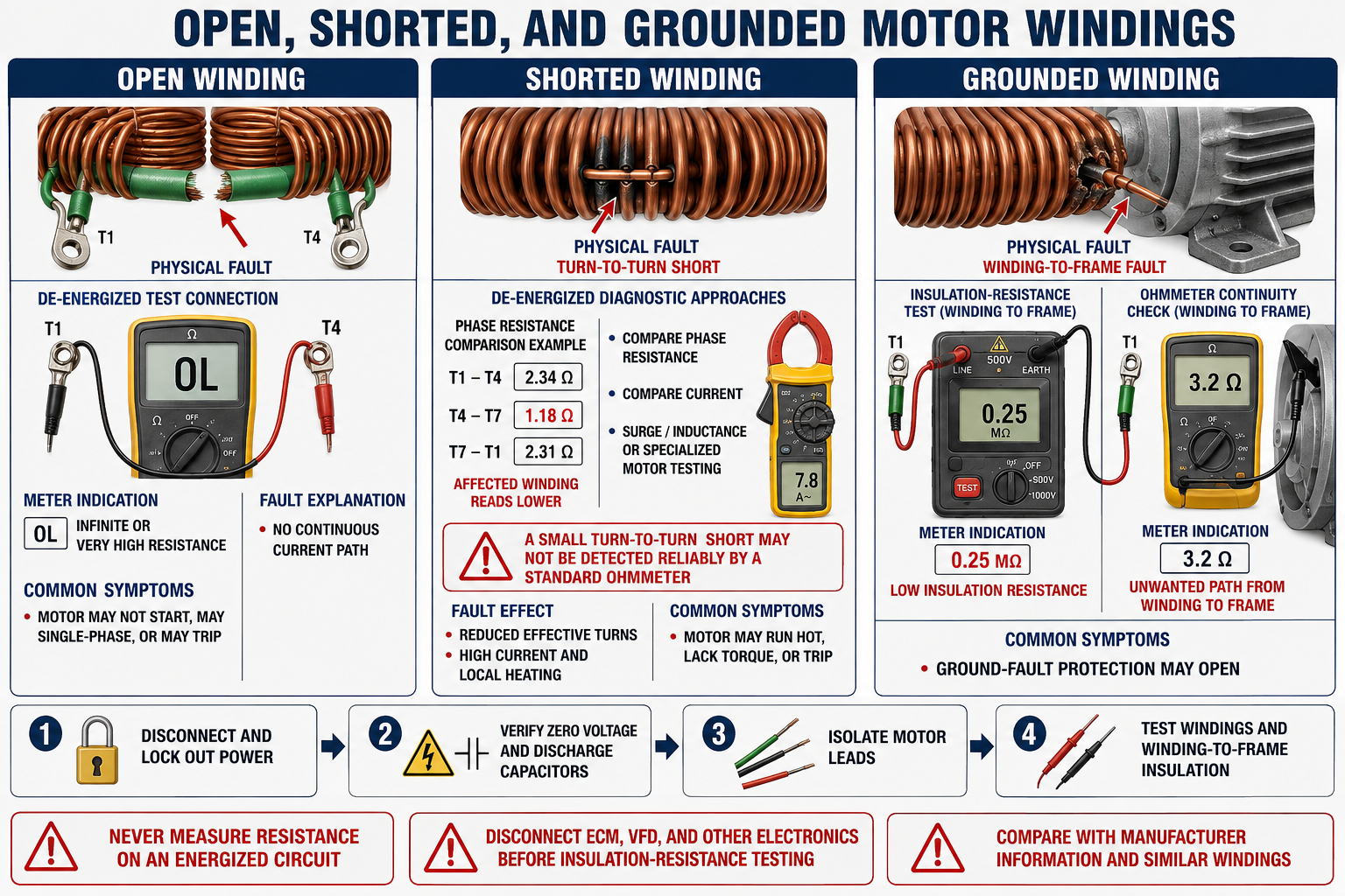 Comparison of open, turn-to-turn shorted, and winding-to-frame grounded motor windings with de-energized test examples and safety precautions