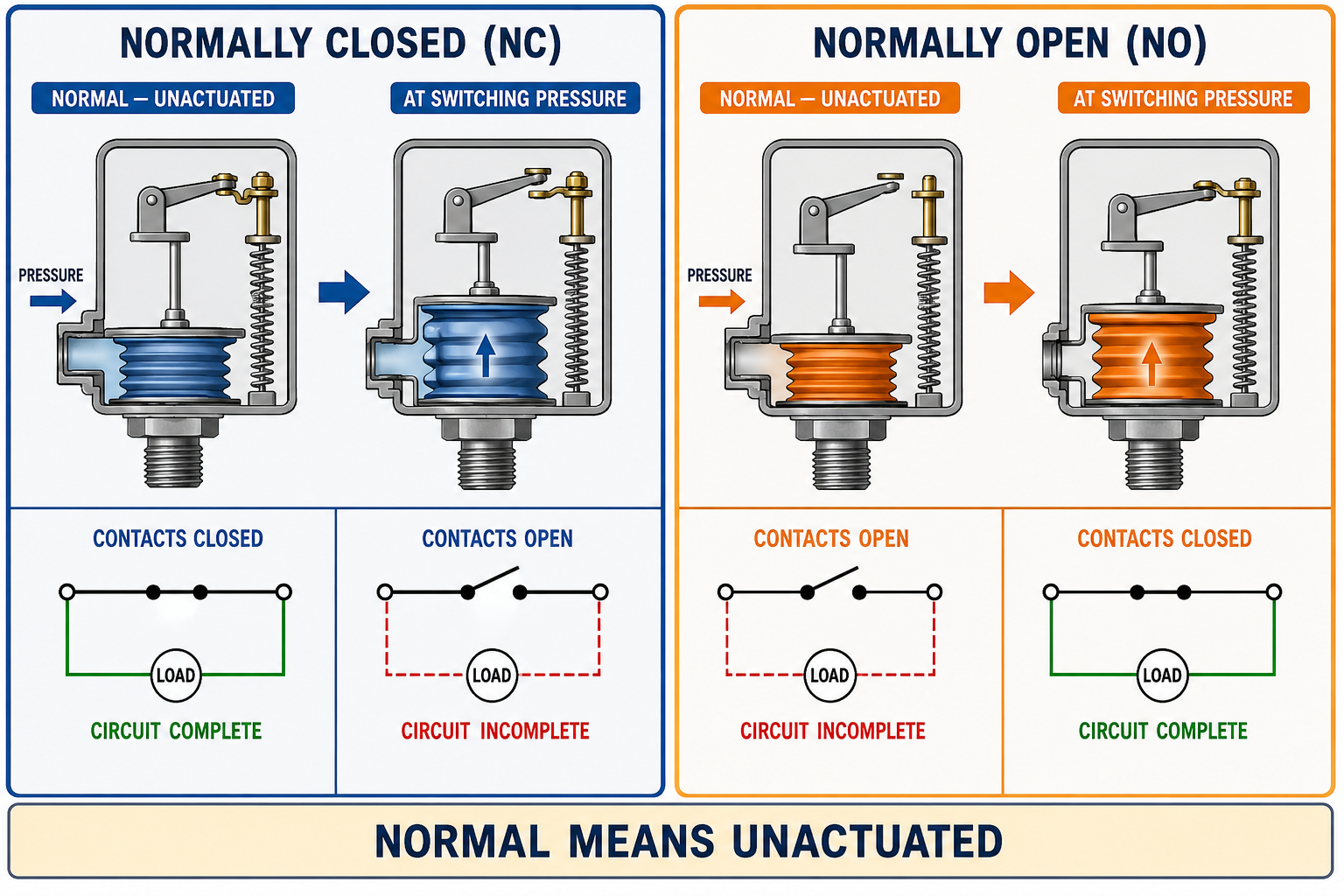Pressure-switch contact diagram comparing normally closed and normally open electrical contacts and showing a change of state as pressure operates the switch.