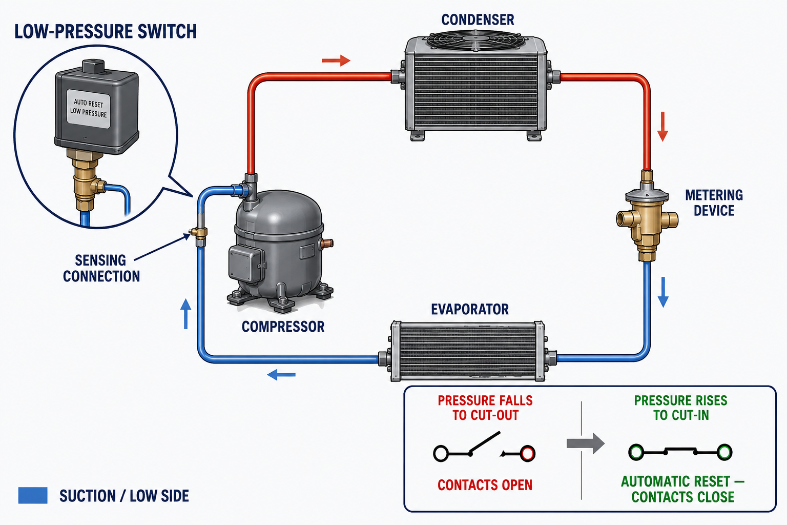 Refrigeration system diagram showing a low-pressure switch connected to the suction side between the evaporator and compressor.