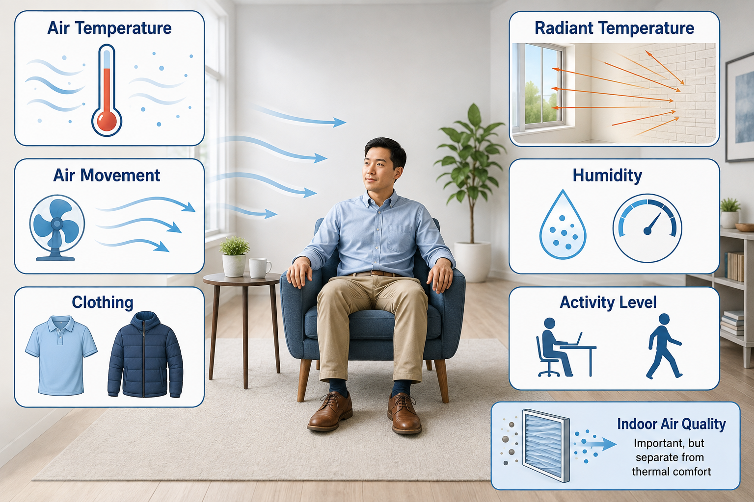 Diagram showing air temperature, surrounding-surface temperature, humidity, air speed, activity, and clothing as thermal comfort factors