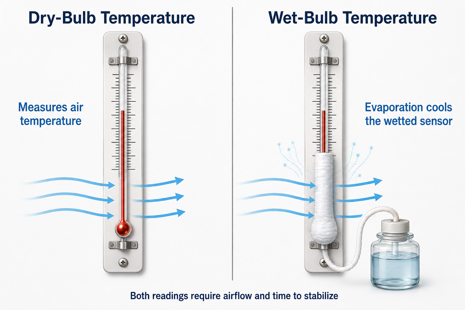 Comparison of a dry temperature sensor and a water-wetted temperature sensor exposed to moving air