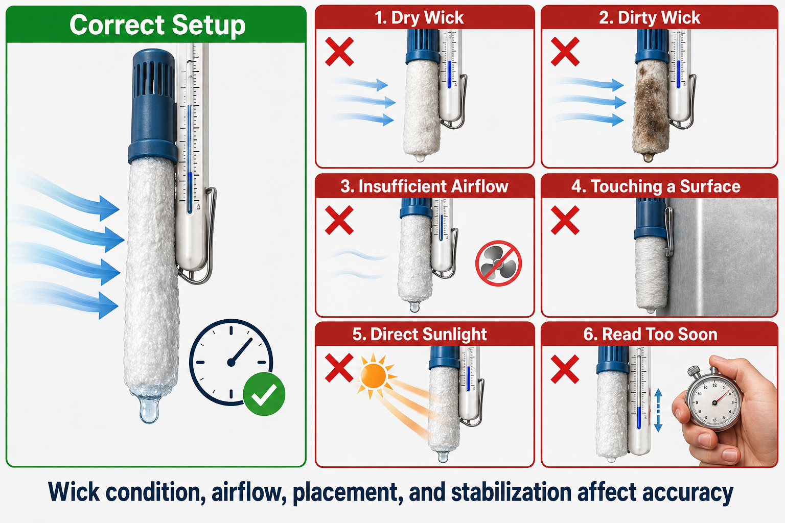 Examples of common wet-bulb testing errors including a dirty wick, incomplete wetting, insufficient airflow, poor placement, and reading before stabilization
