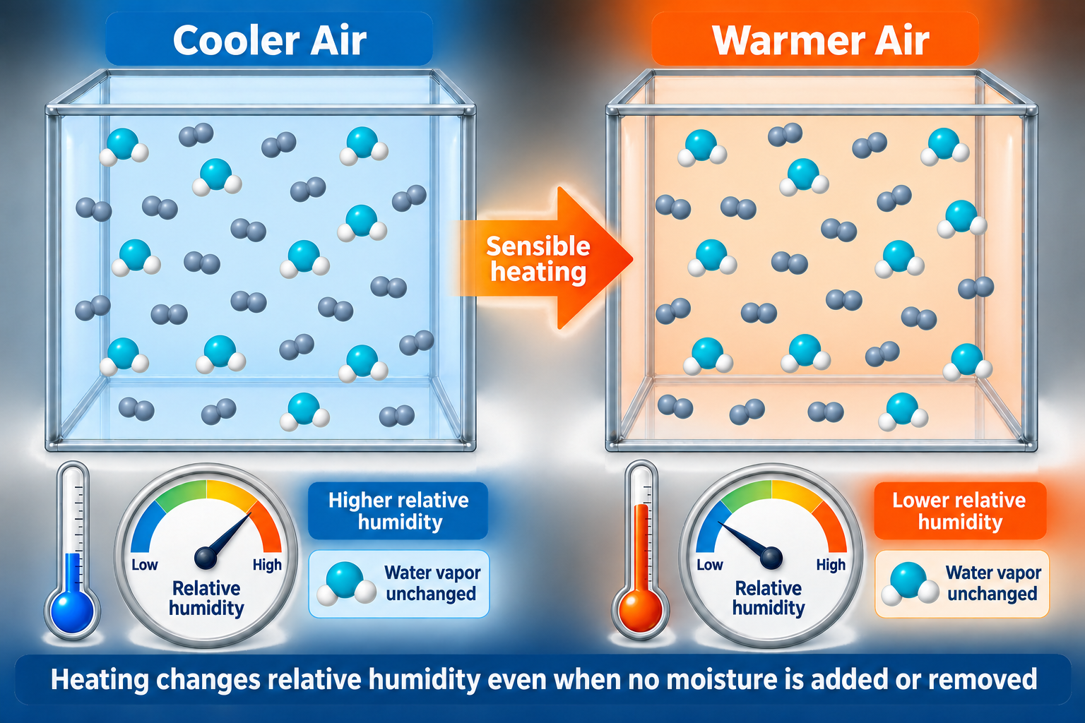 Diagram showing the same amount of water vapor at different air temperatures producing different relative-humidity values