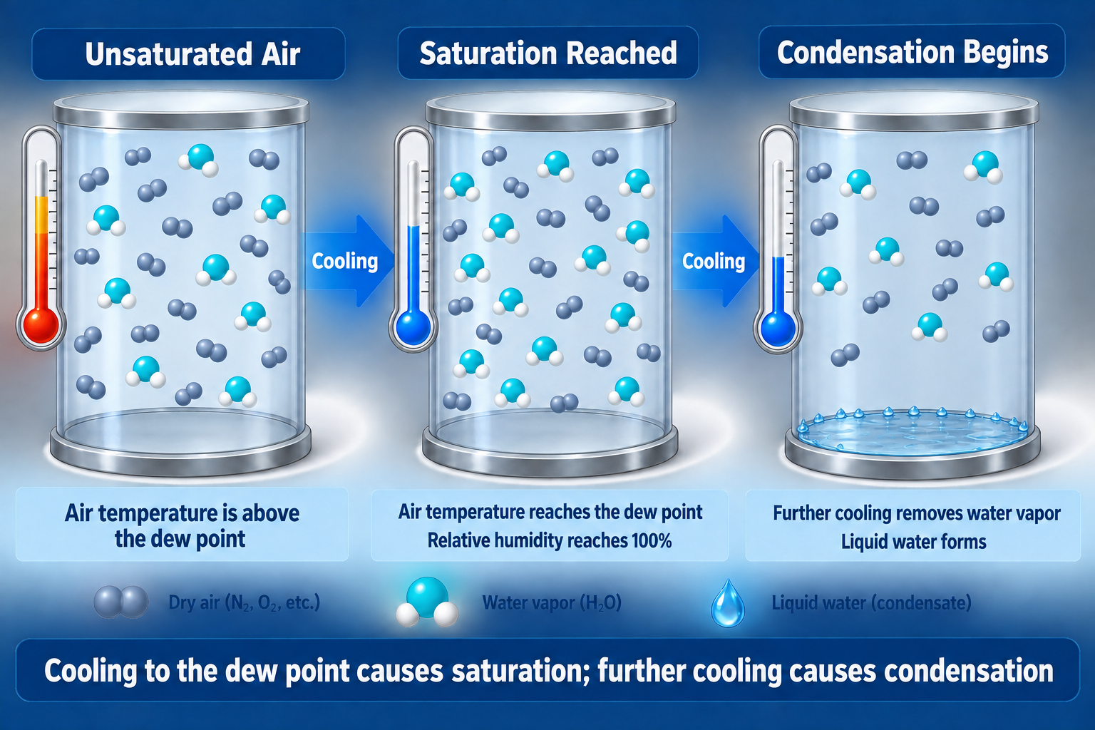 Cooling sequence showing unsaturated air approaching 100 percent relative humidity and then forming liquid condensate when cooling continues