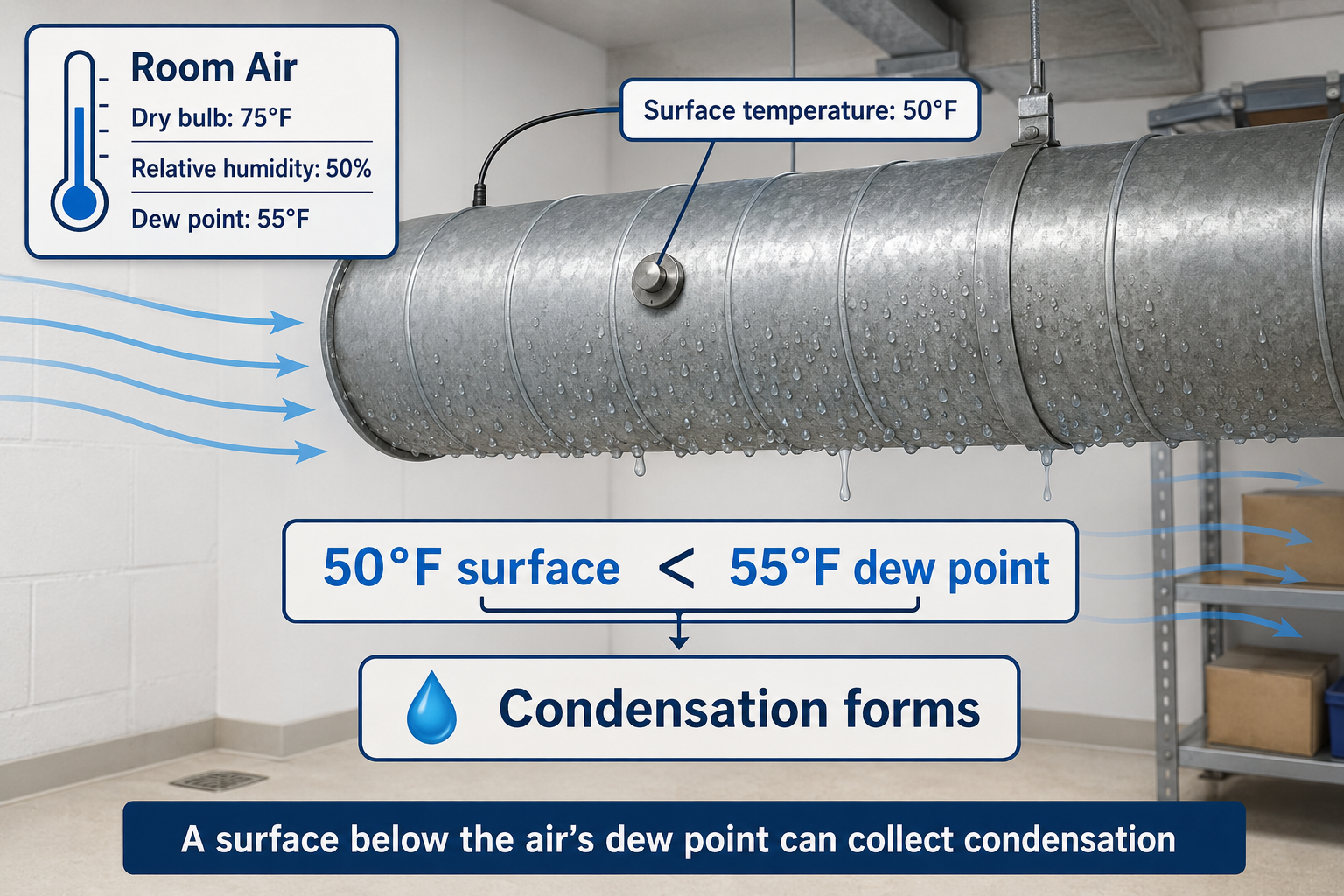 Comparison of a surface warmer than air dew point remaining dry and a surface colder than dew point developing condensation