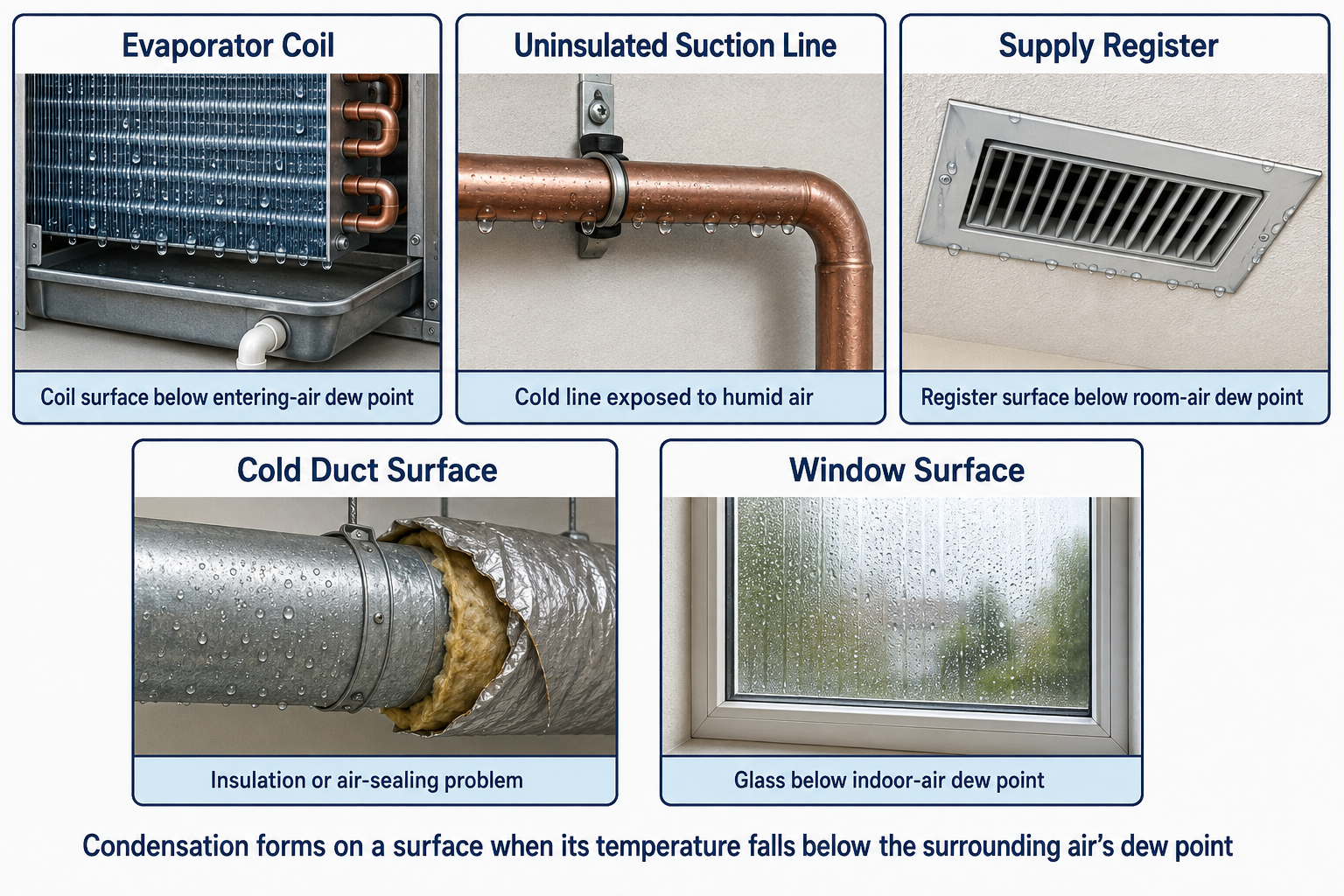 HVAC system showing common condensation locations including cooling coil, suction line, supply duct, diffuser, air-handler cabinet, and cold building surfaces