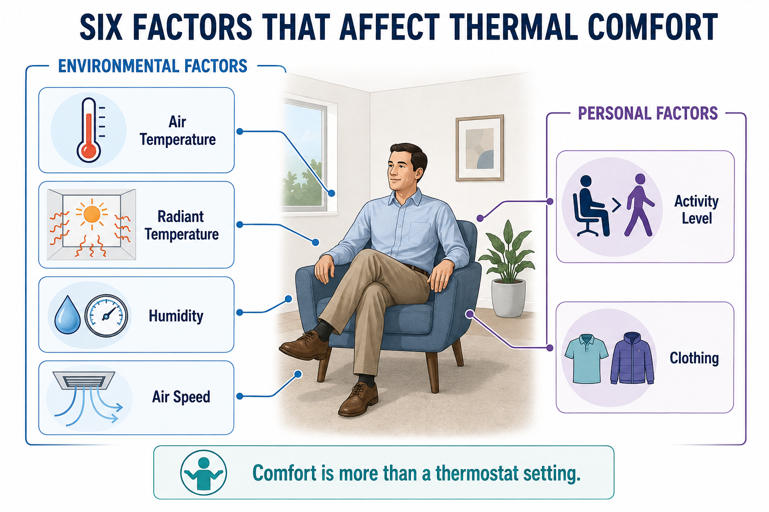 Illustration of six thermal comfort factors: air temperature, radiant temperature, humidity, air speed, activity level, and clothing