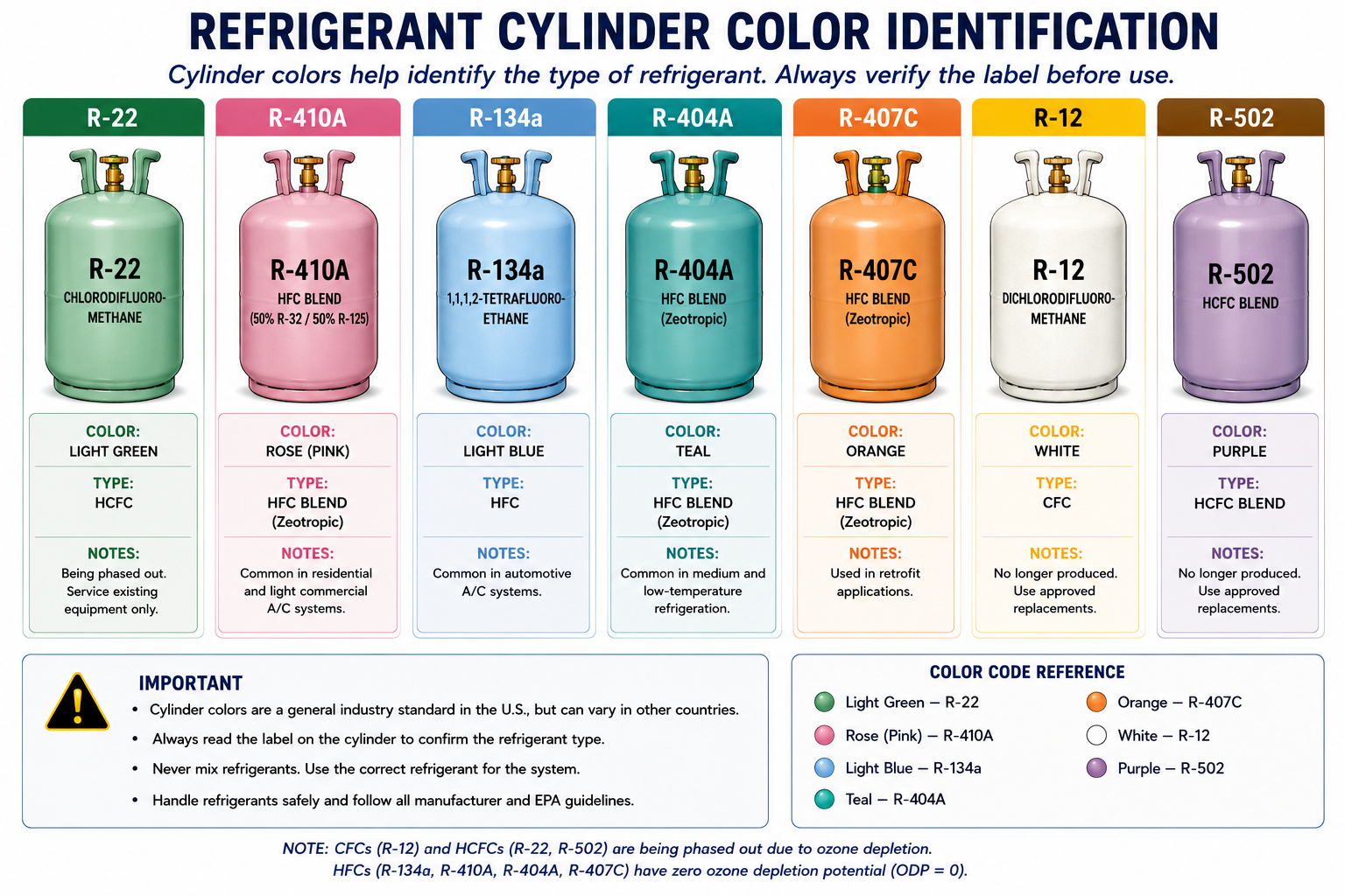 Traditional refrigerant cylinder colors used for identification