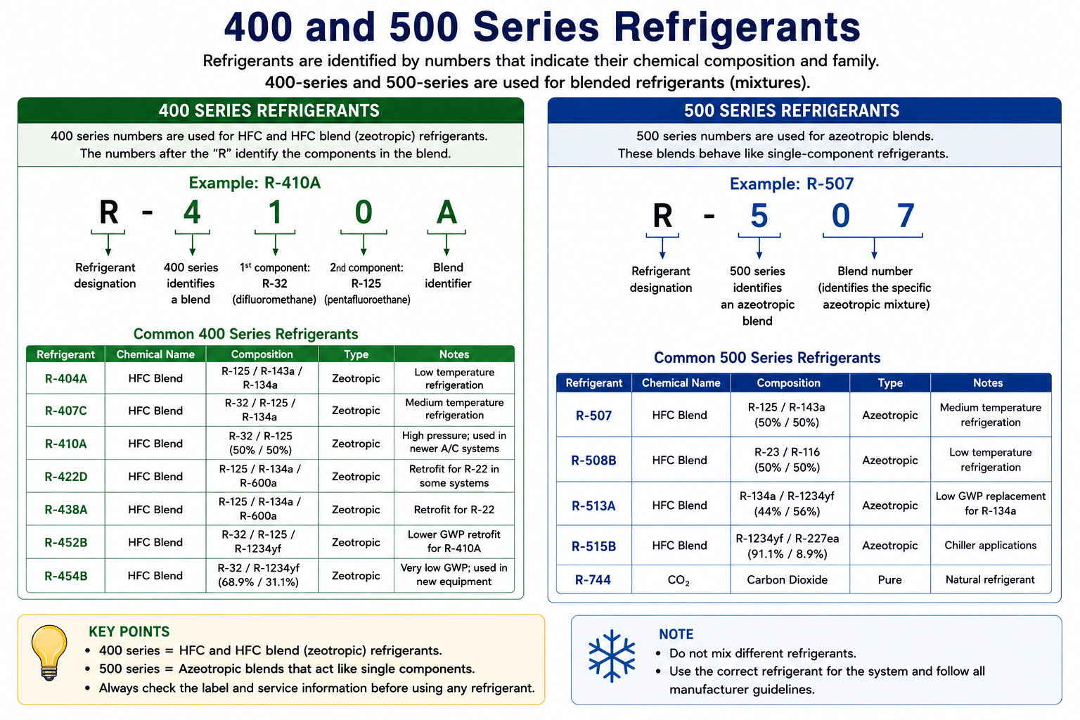 Comparison of 400-series zeotropic refrigerant blends and 500-series azeotropic refrigerant blends