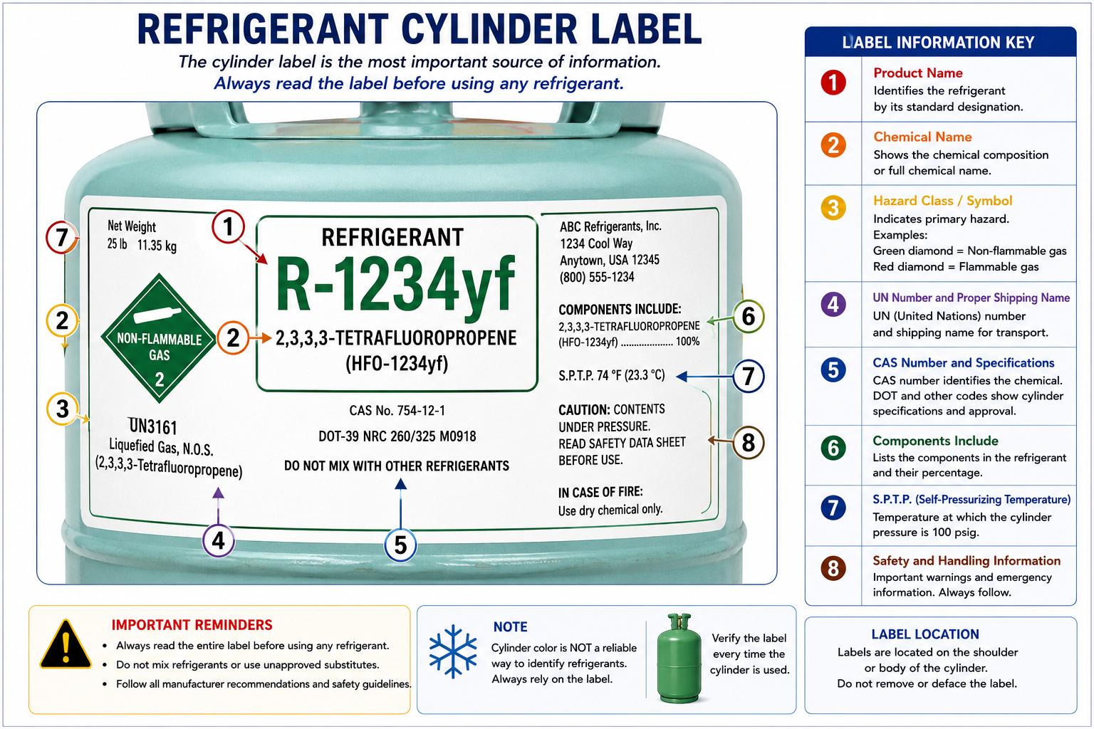 Example refrigerant cylinder label showing refrigerant identity, hazard information, and other important markings
