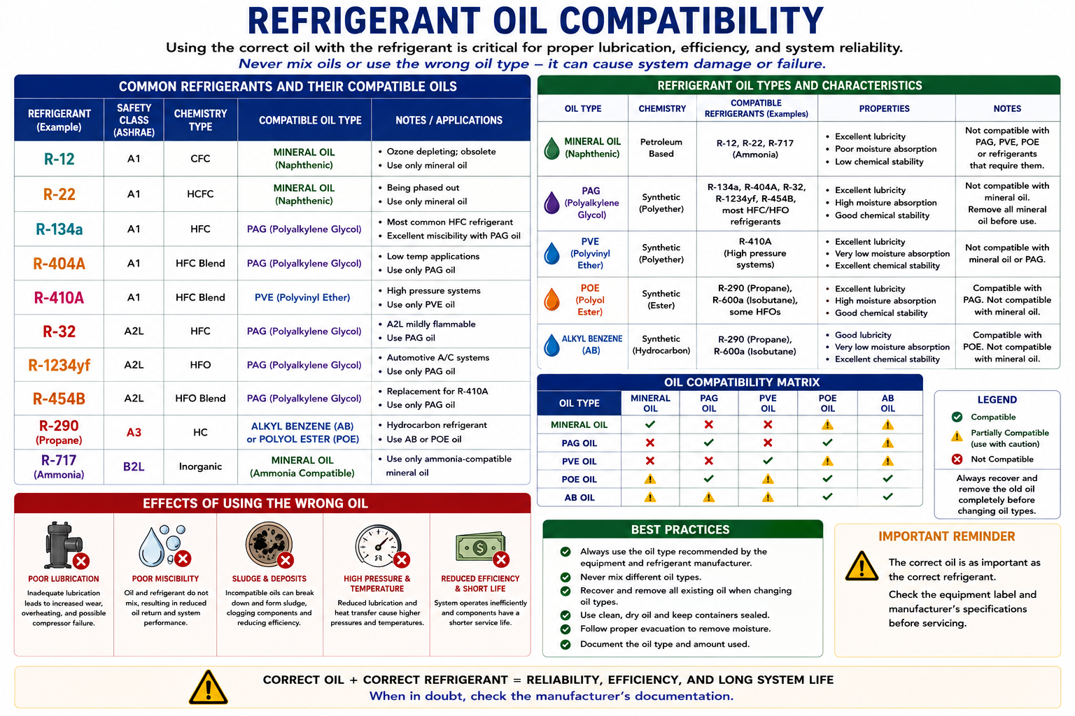 Infographic comparing refrigeration lubricants and refrigerant-oil compatibility