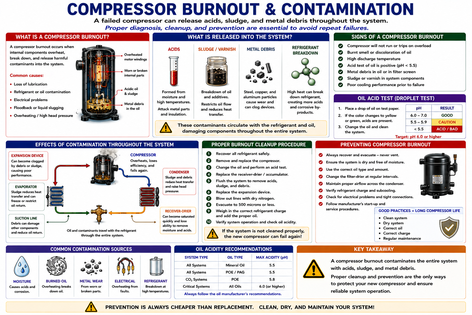 Infographic showing compressor burnout contamination, acid formation, cleanup, and system protection