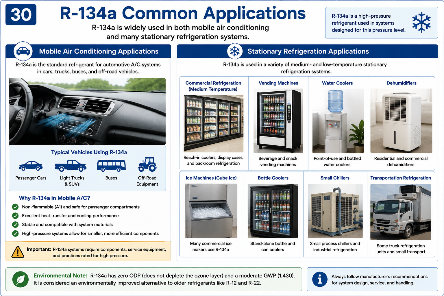 Examples of common R-134a applications including refrigeration equipment, appliances, chillers, and motor vehicle air conditioning